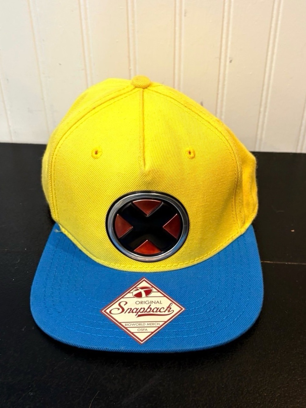 Yellow and Blue Kids Snapback Hat with X Emblem
